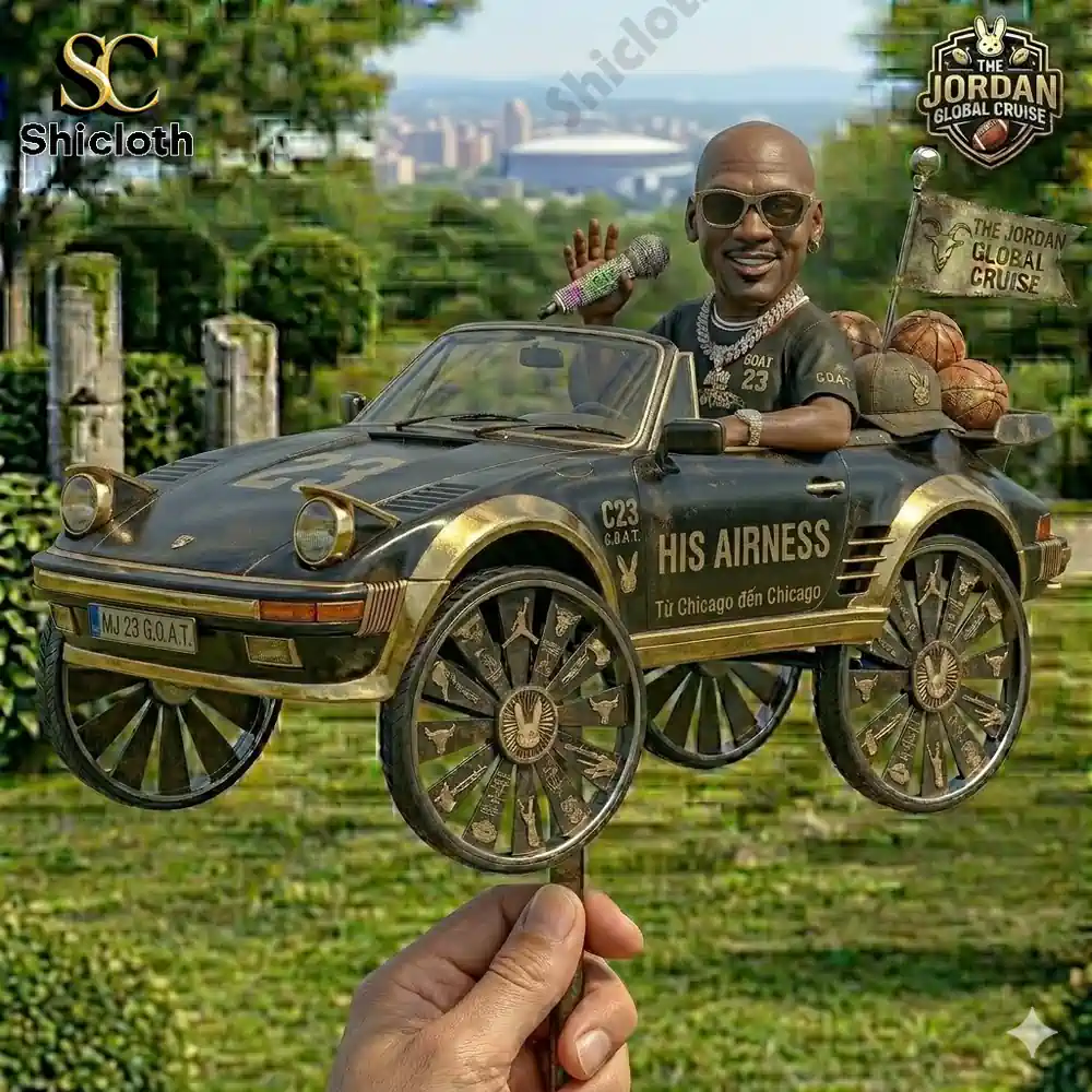 Stylized figure driving luxury car with basketball theme outdoors!