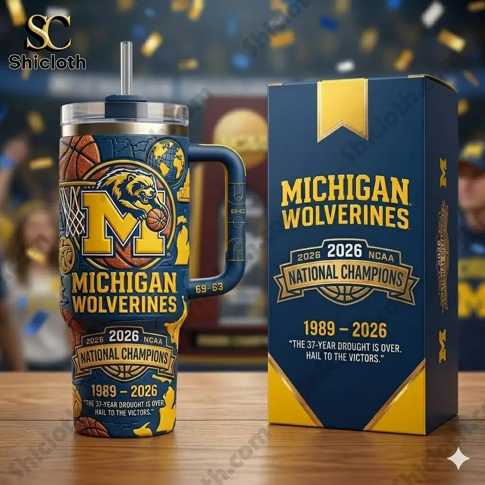 Close up Michigan Wolverines tumbler with matching box on table!