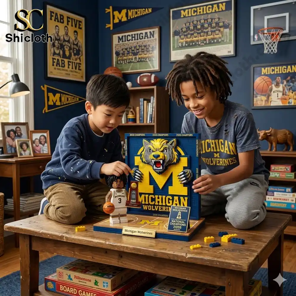 Two kids playing with Michigan Wolverines brick display set in a sports themed room