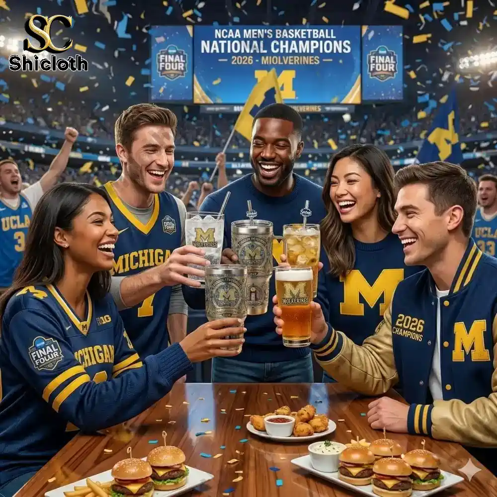 Friends celebrating Michigan basketball championship with drinks and food!