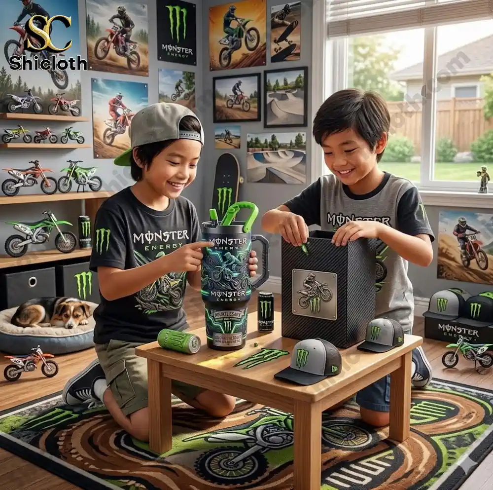 Two boys playing with a Monster Energy themed collector set in a bike themed room!
