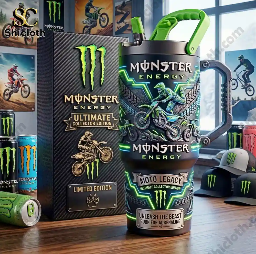 Close up of a Monster Energy Moto Legacy collector mug with box and accessories!