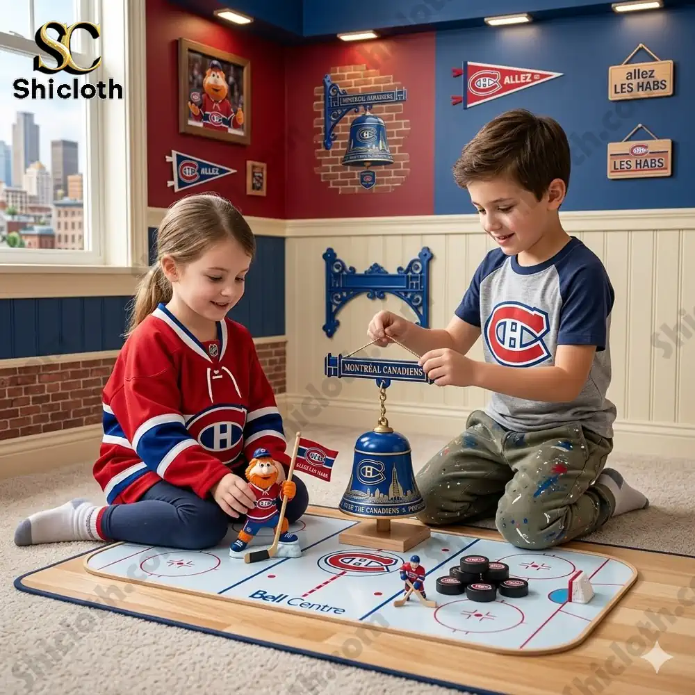 Two kids playing with Montreal Canadiens hockey toys in a colorful room!