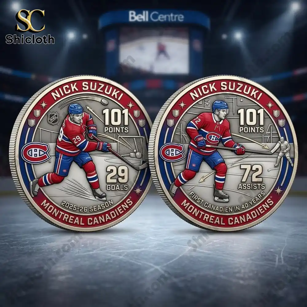 Nick Suzuki commemorative hockey coins on ice arena background