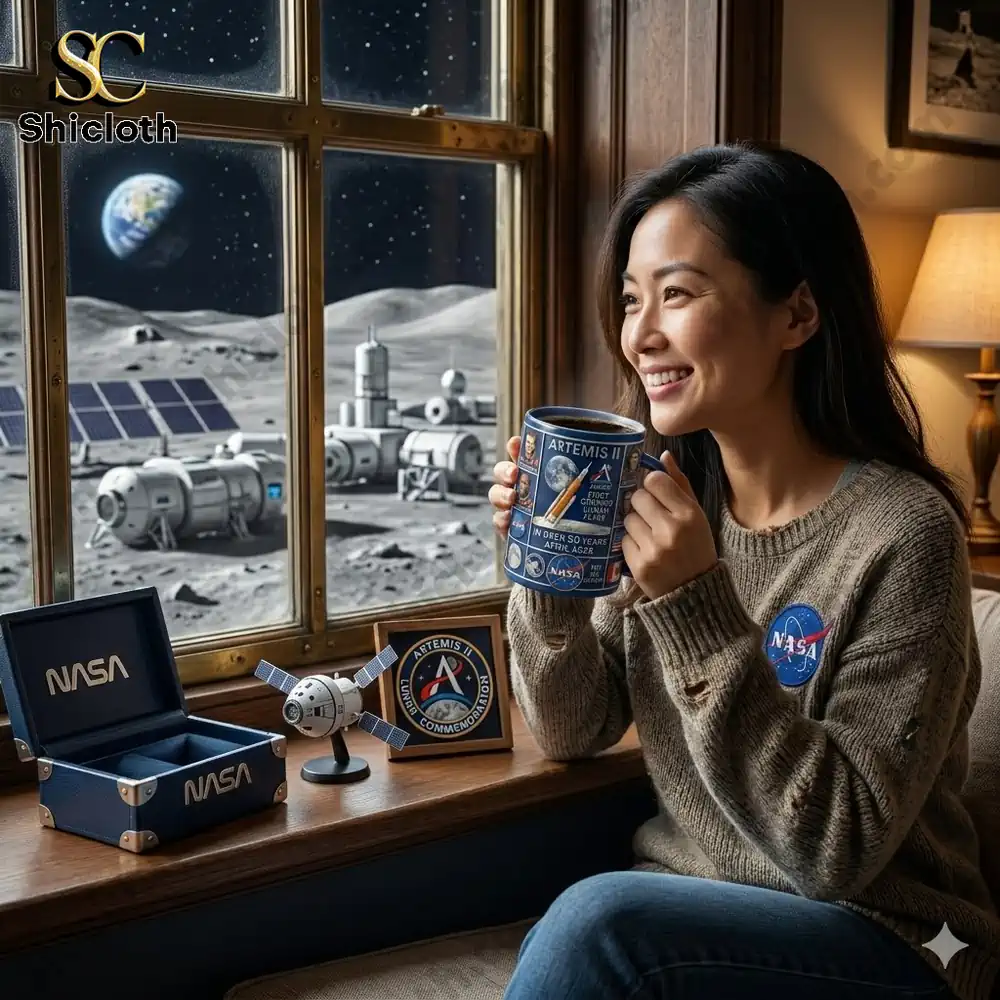 Woman holding NASA Artemis mug looking at lunar base through window!