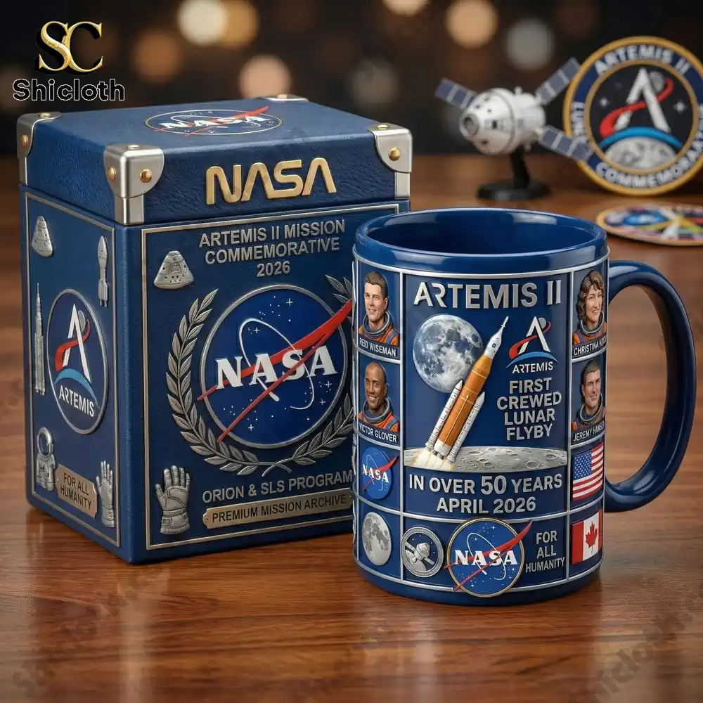 Close up of NASA Artemis II commemorative mug and box on table!