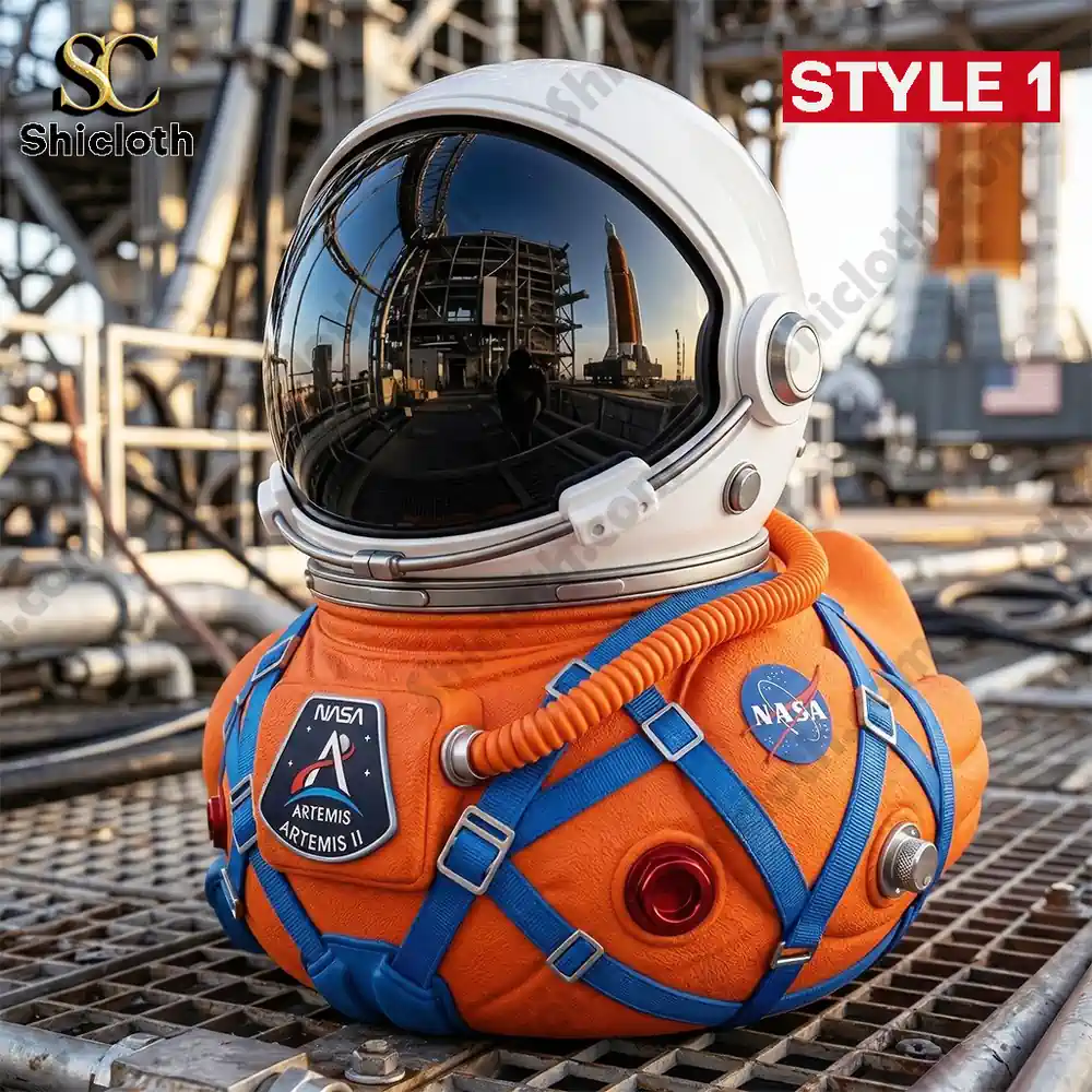 NASA Artemis II Mission Moon Launch Commemorative Astronaut Duck 3 Orange astronaut helmet decor in industrial background setting