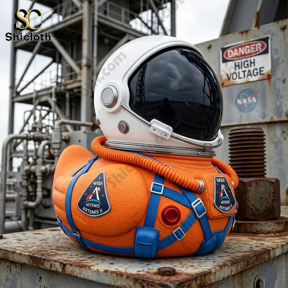 NASA Artemis II Mission Moon Launch Commemorative Astronaut Duck 4 Orange astronaut decor near industrial warning sign background
