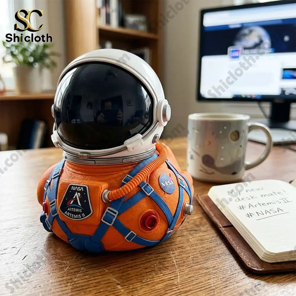 NASA Artemis II Mission Moon Launch Commemorative Astronaut Duck 5 Astronaut helmet decor on desk beside notebook and coffee mug