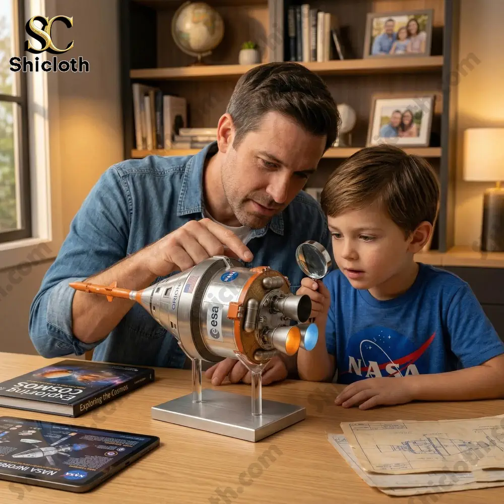 NASA Orion MPCV Precision Model Pop! Figure 3 Father and child examining Orion spacecraft model together!