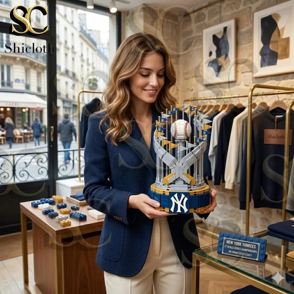 A smiling woman in a blue blazer holds a large New York Yankees World Series championship trophy model made of bricks in a well lit high end clothing store.