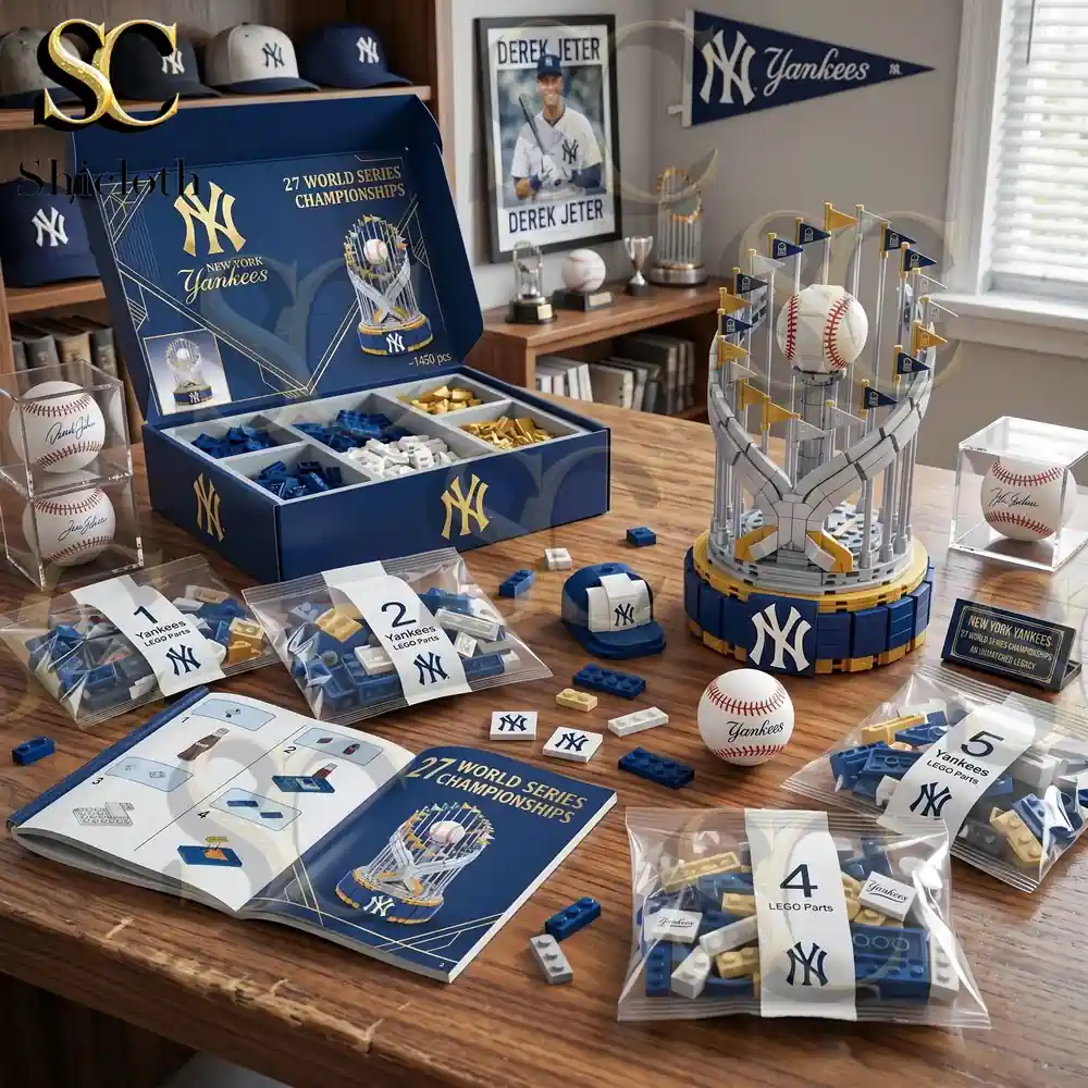 An opened box reveals organized compartments with various colorful bricks for a New York Yankees World Series championship trophy model on a wooden table.