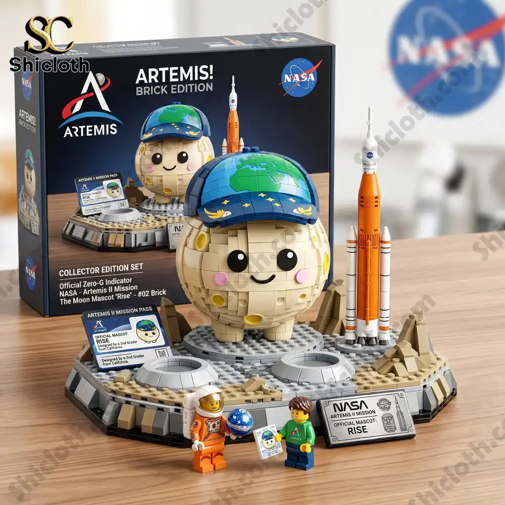 Box and detailed Artemis themed brick toy with moon mascot and rocket!