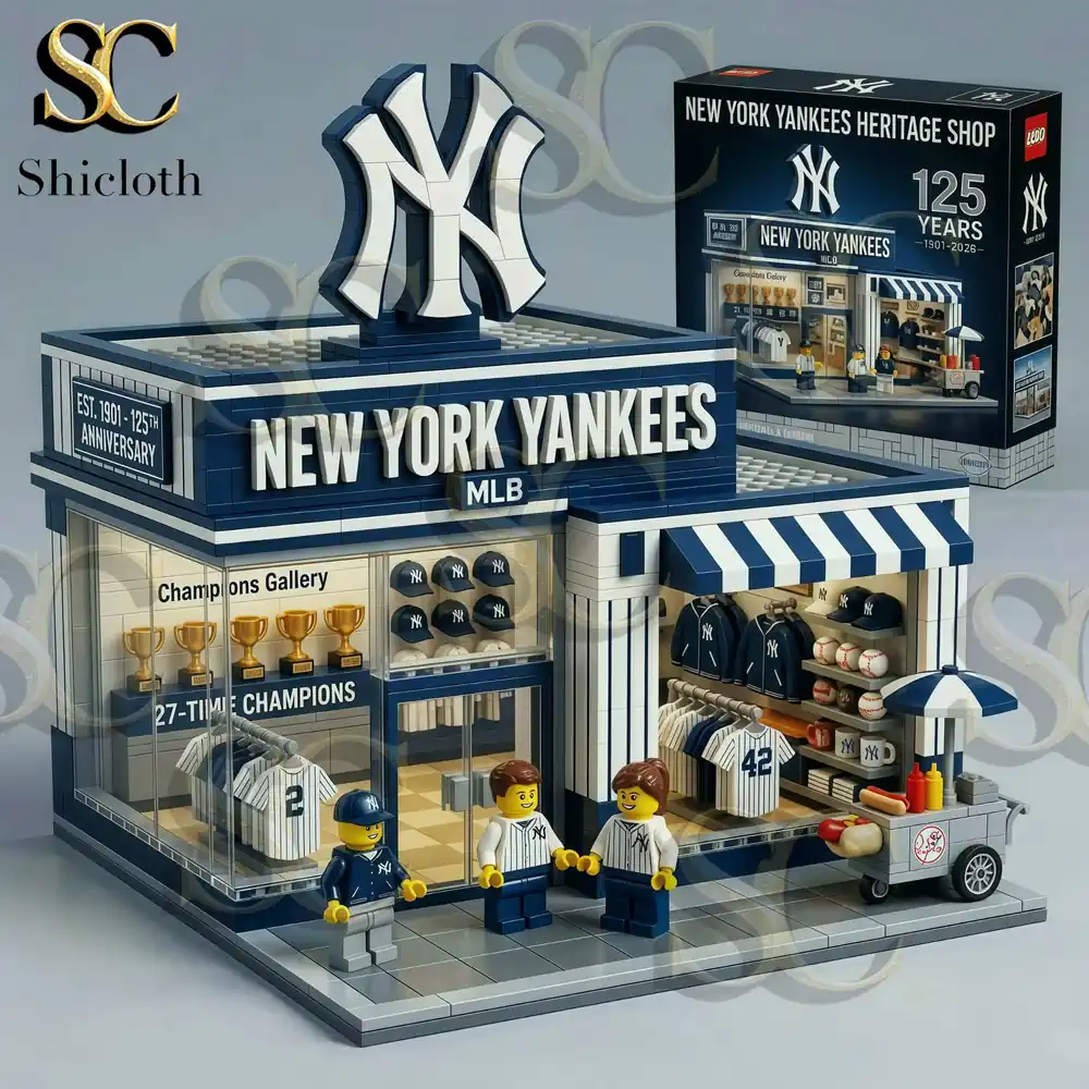 A detailed New York Yankees Heritage Shop building brick model with mini figures and a hot dog stand!