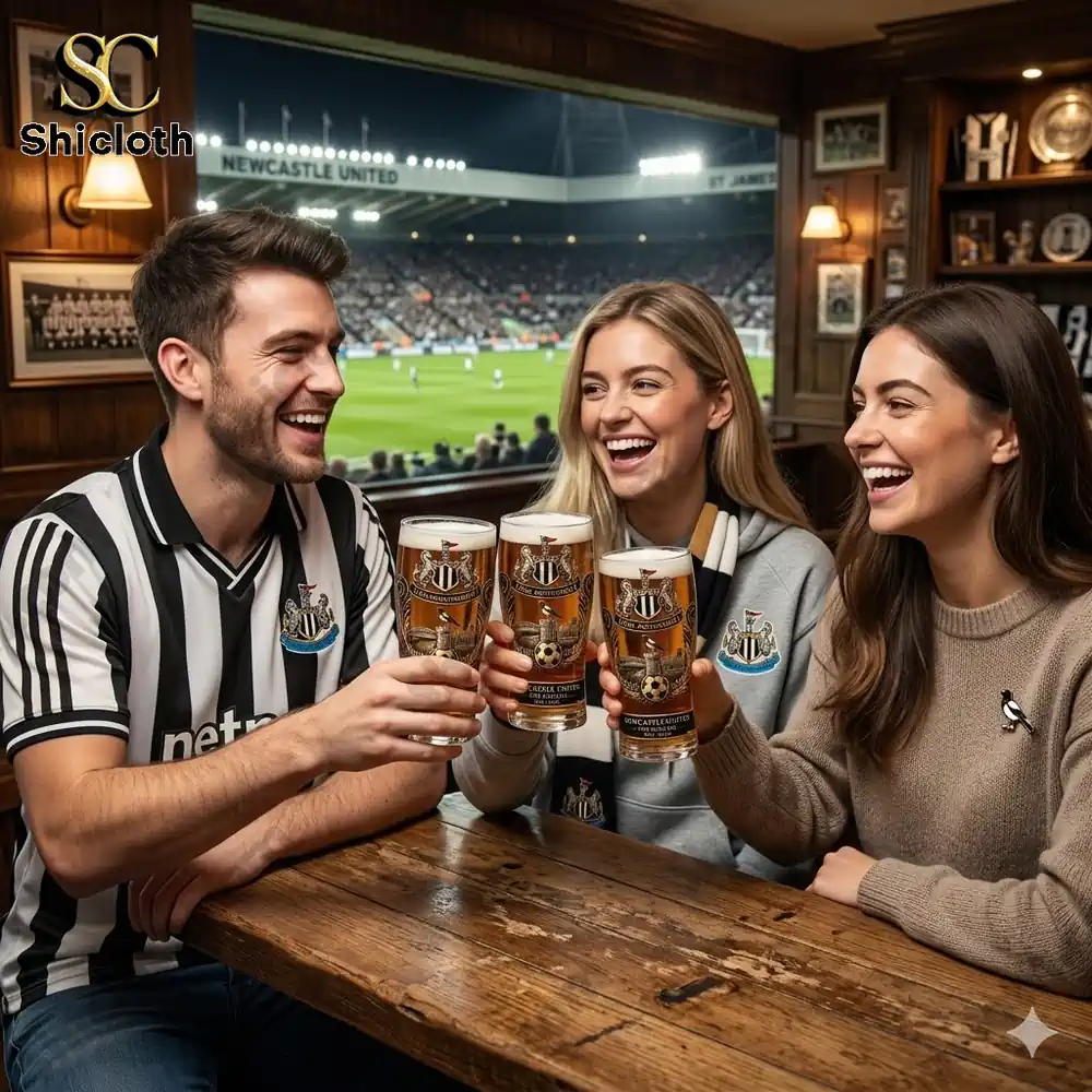 Fans cheering with Newcastle United beer glasses in a pub!