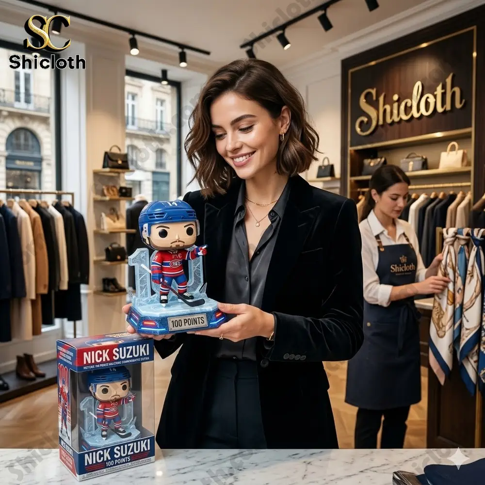 woman holding hockey player collectible figure in fashion store