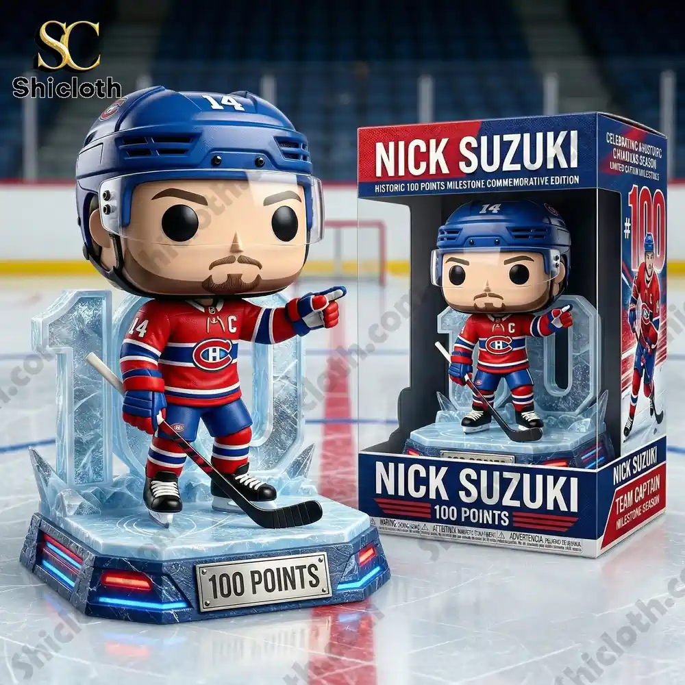 nick suzuki hockey collectible figure with retail box on ice rink background