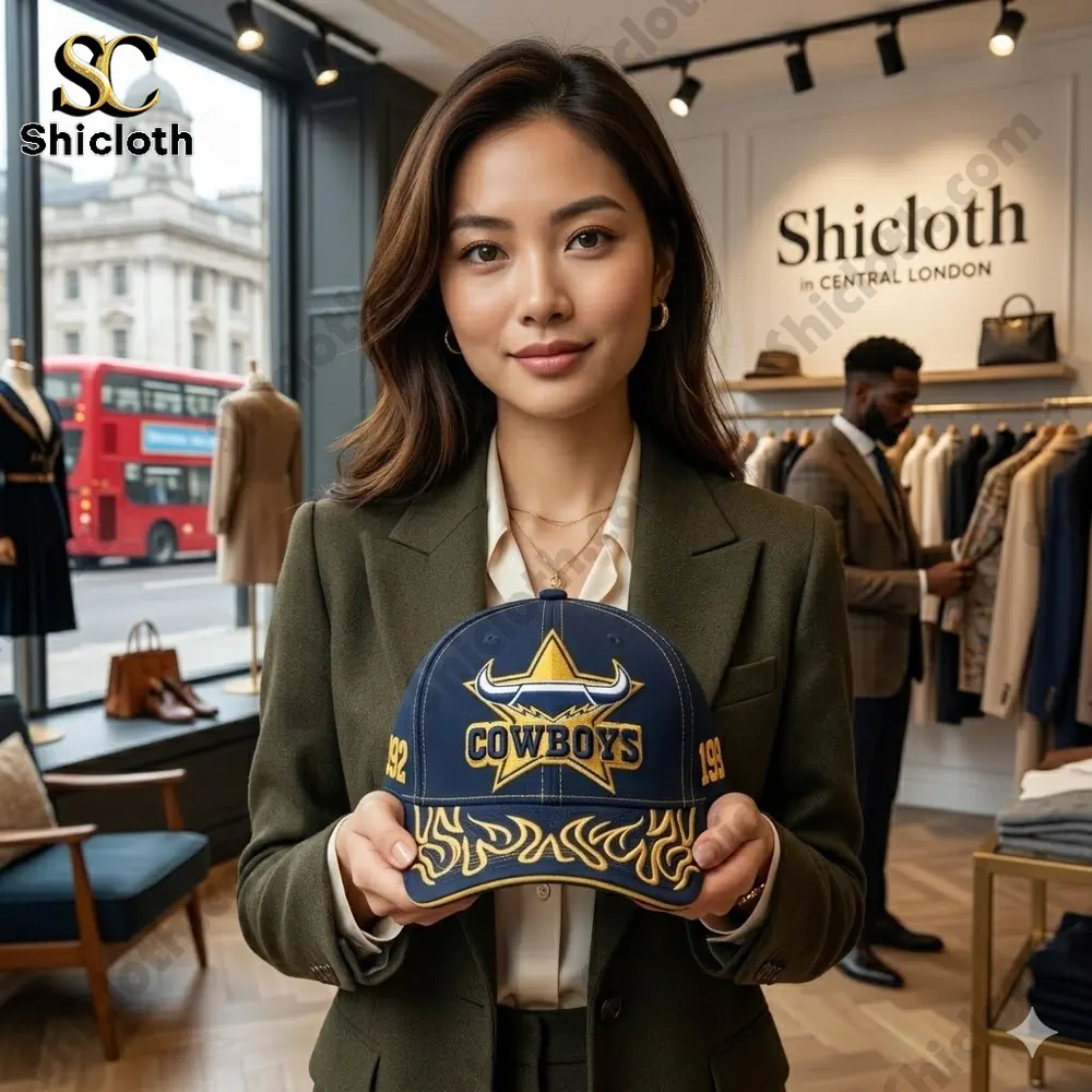 Woman holding Cowboys cap inside clothing store