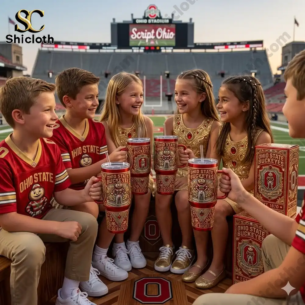 Kids holding Ohio State Buckeyes tumbler at stadium