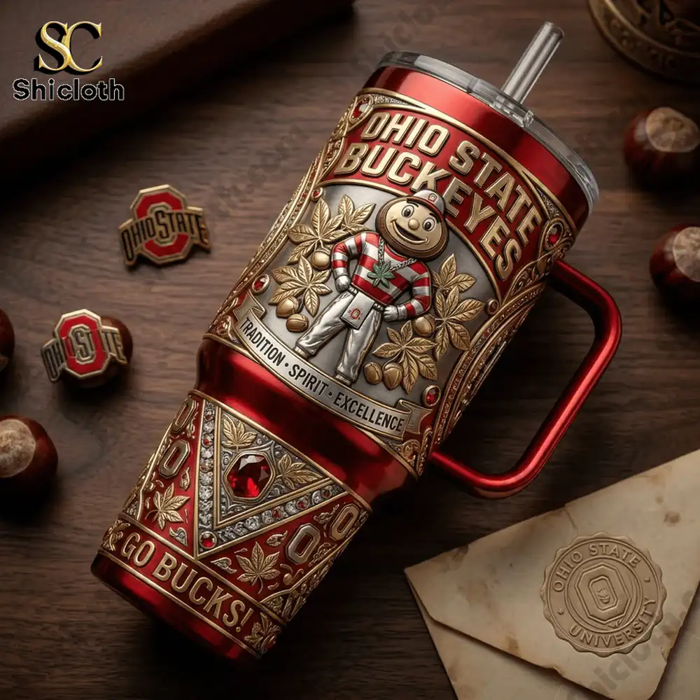 Ohio State Buckeyes Heritage 40oz Tumbler With Handle 4 Ohio State Buckeyes tumbler with accessories on table