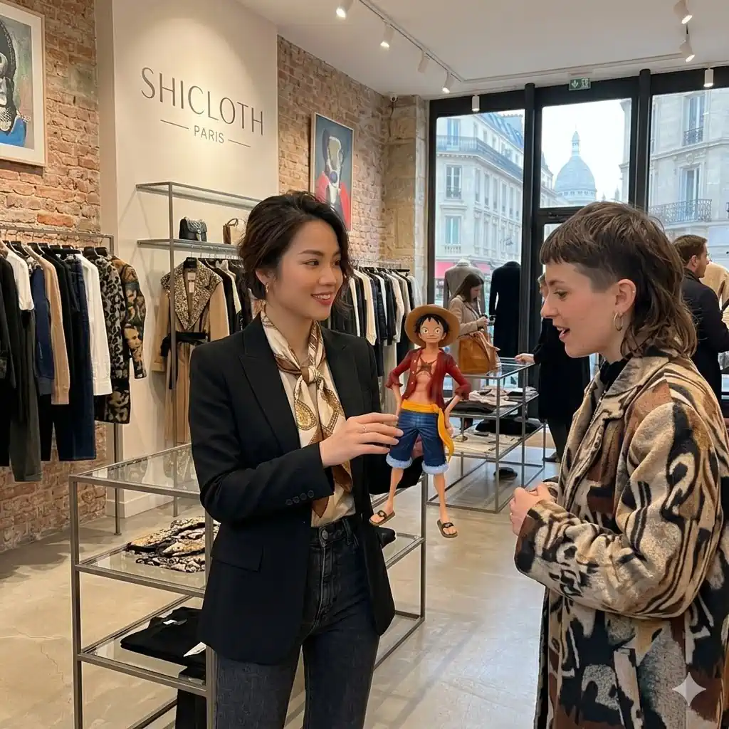 Two women in Shicloth fashion store holding anime figure and smiling!