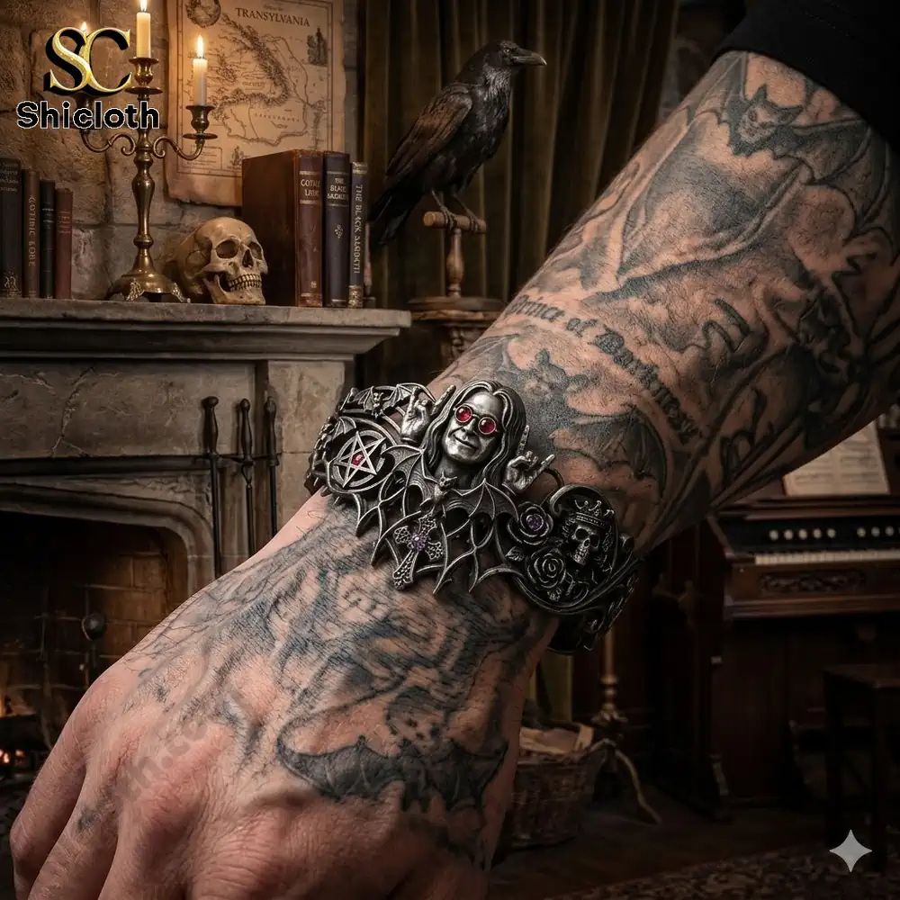 Detailed heavy metal cuff bracelet featuring a central sculpted portrait of Ozzy Osbourne with red sunglasses flanked by bats skulls and other dark fantasy elements displayed on a natural wood block with concert tickets and music album art!