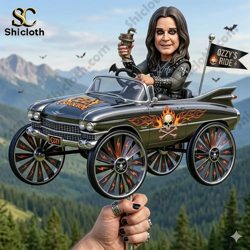 Rock style character driving classic car wind spinner outdoors!