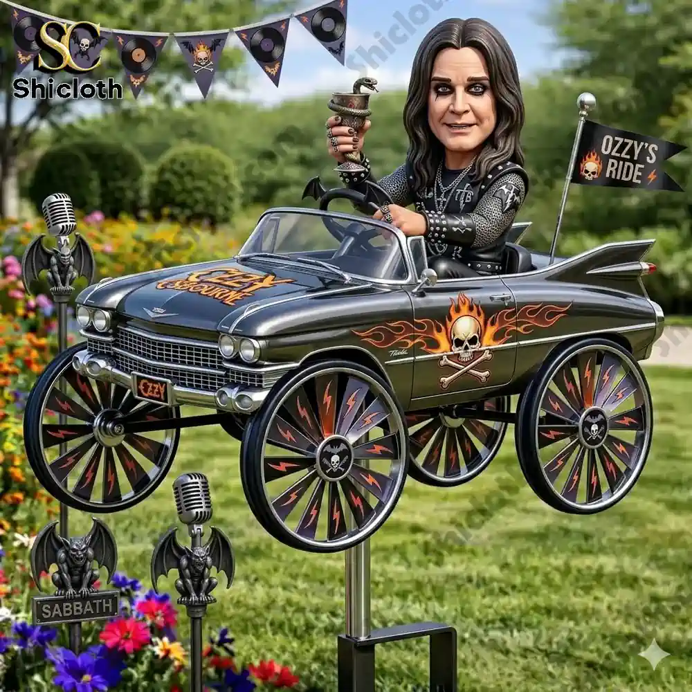 Rock themed wind spinner in colorful garden setting!