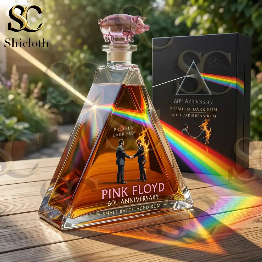 Close view of Pink Floyd anniversary rum bottle with rainbow light effect!