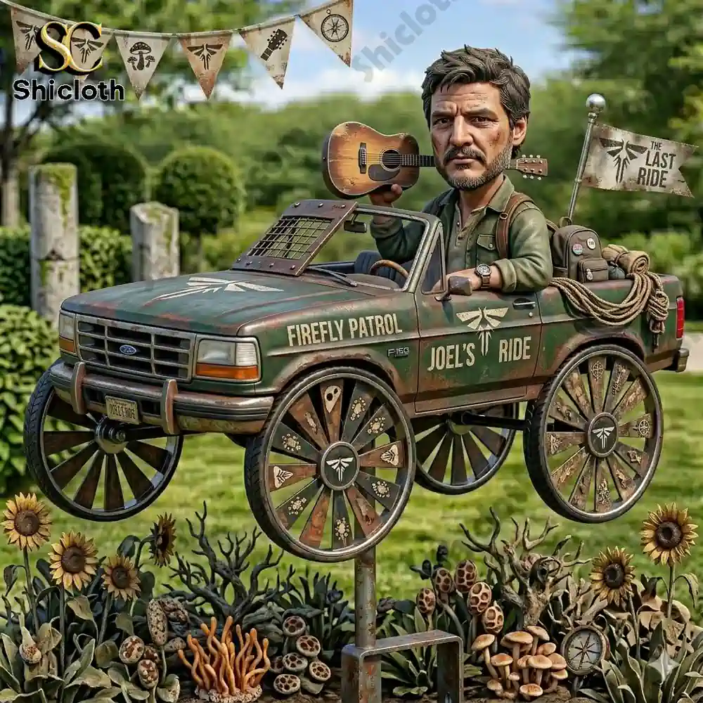 Stylized man figure driving vintage truck with guitar and firefly symbols in garden!