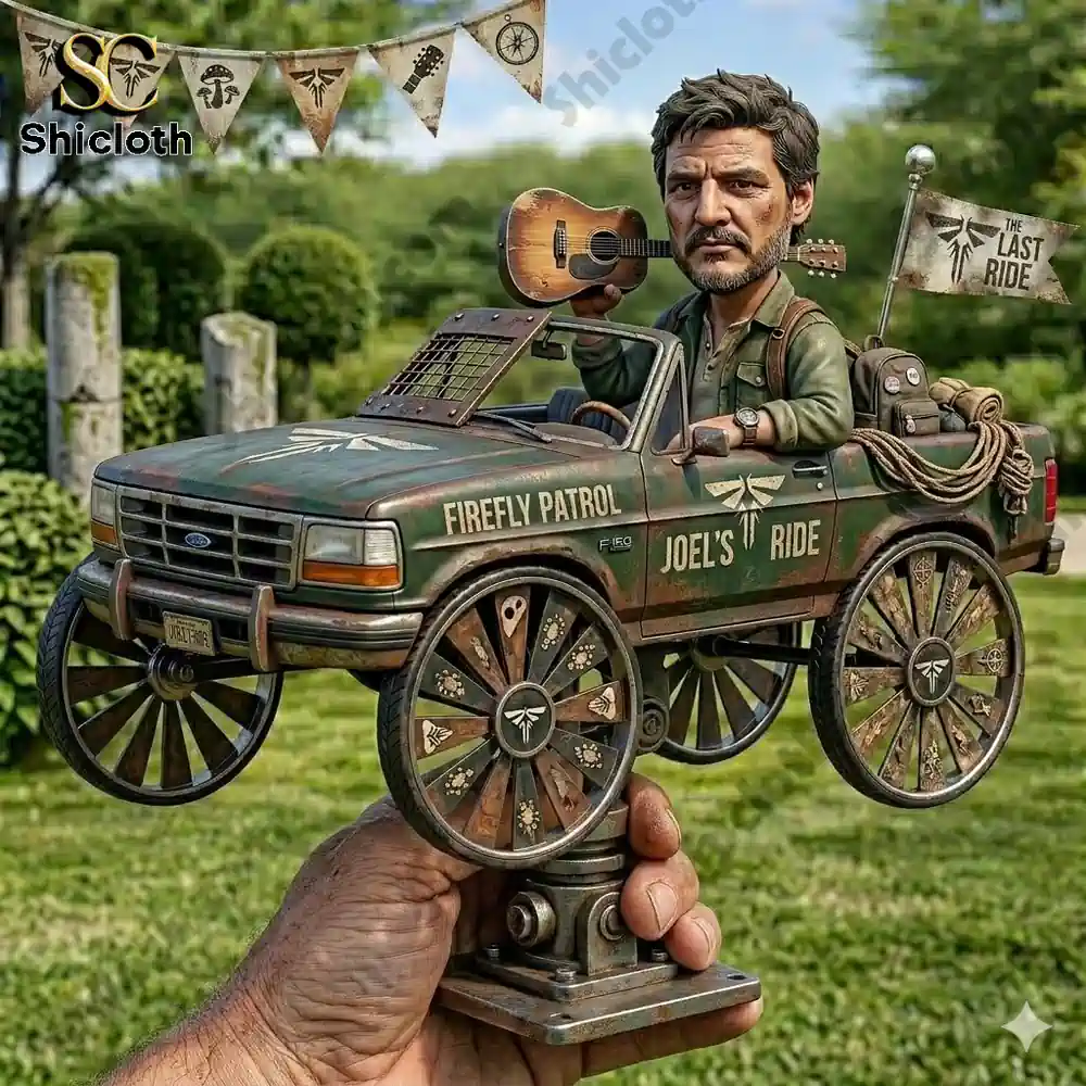 Hand holding miniature truck model with stylized man and firefly themed garden decor!