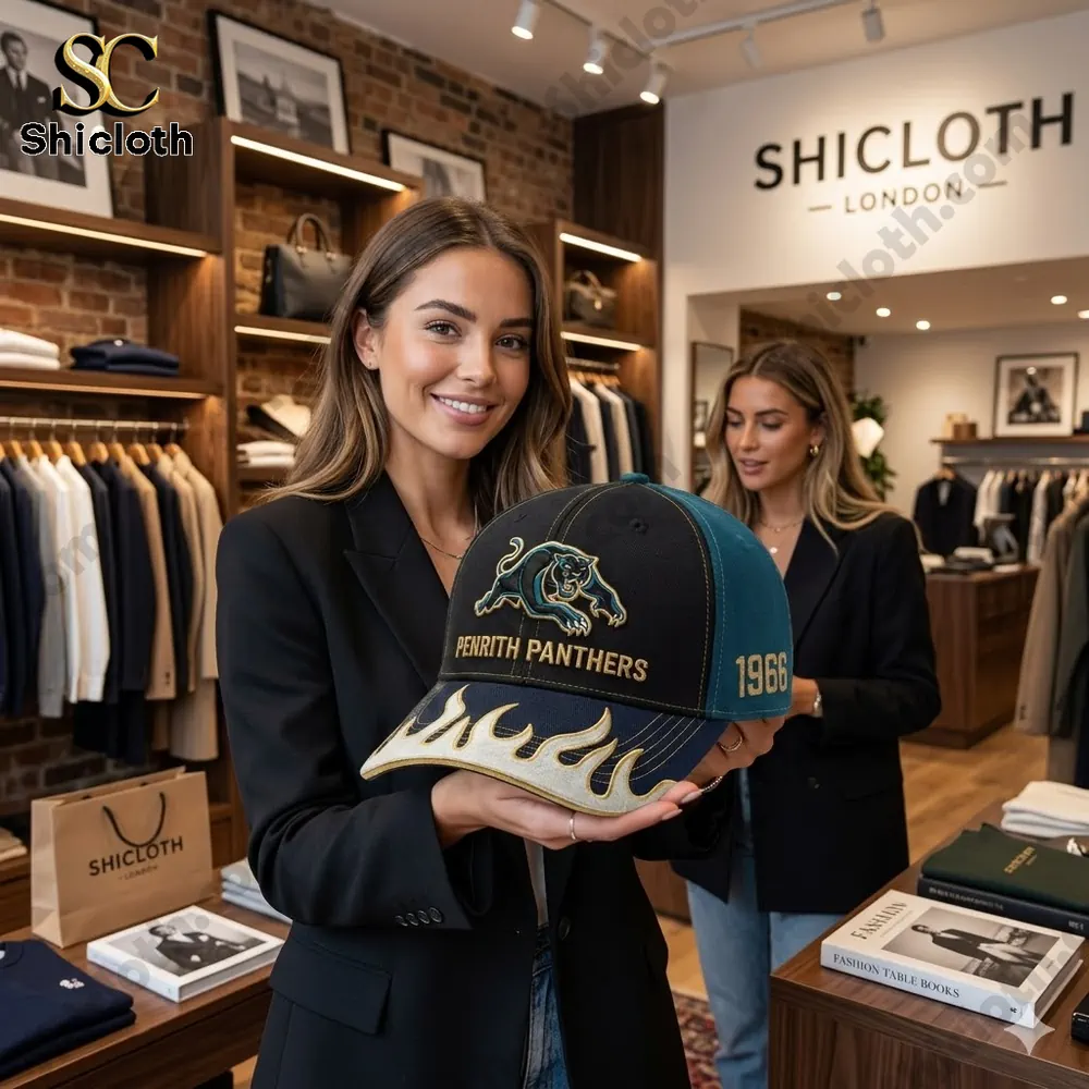 Woman holding premium panthers flame cap in clothing store!