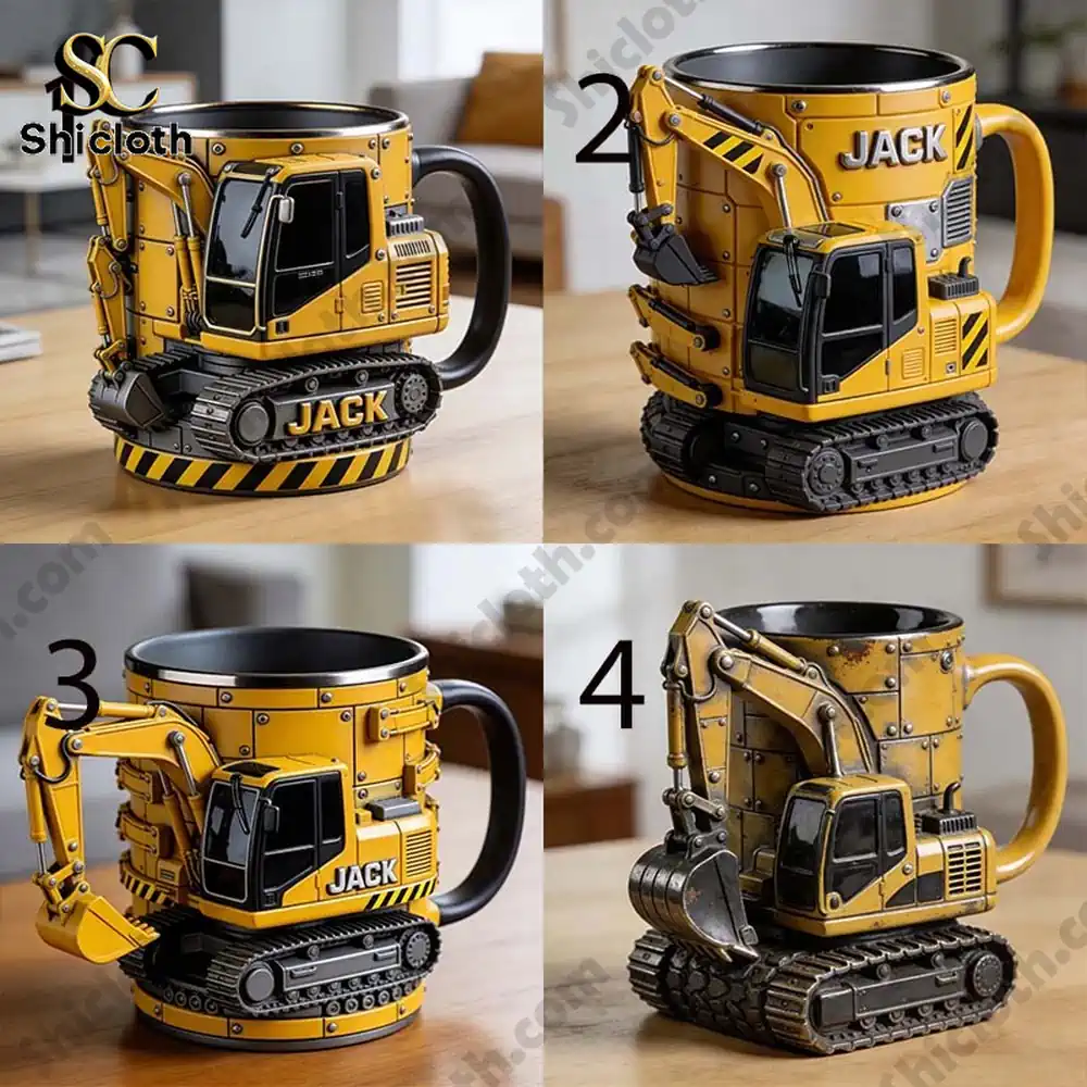 Yellow excavator mug with modern detailed design