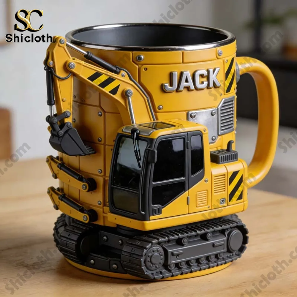 Yellow excavator mug with modern detailed design