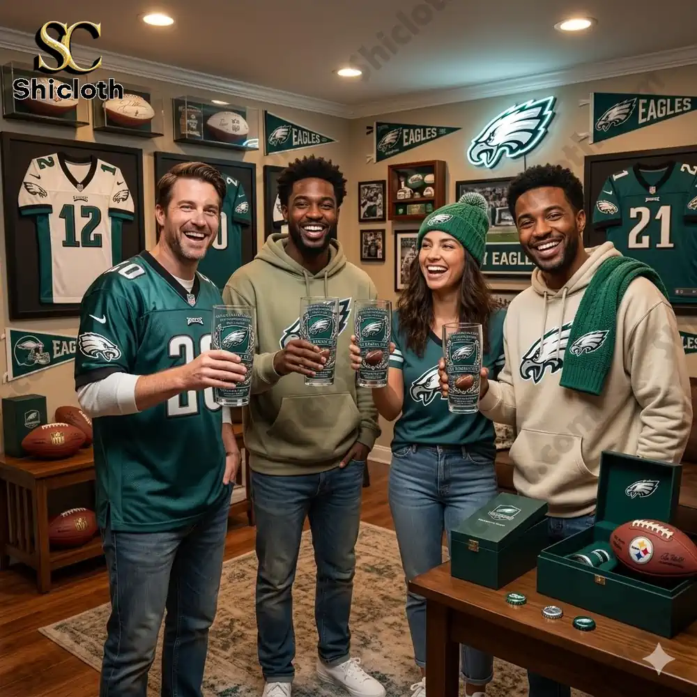 Group of Philadelphia Eagles fans holding collectible beer glasses in a decorated fan room!