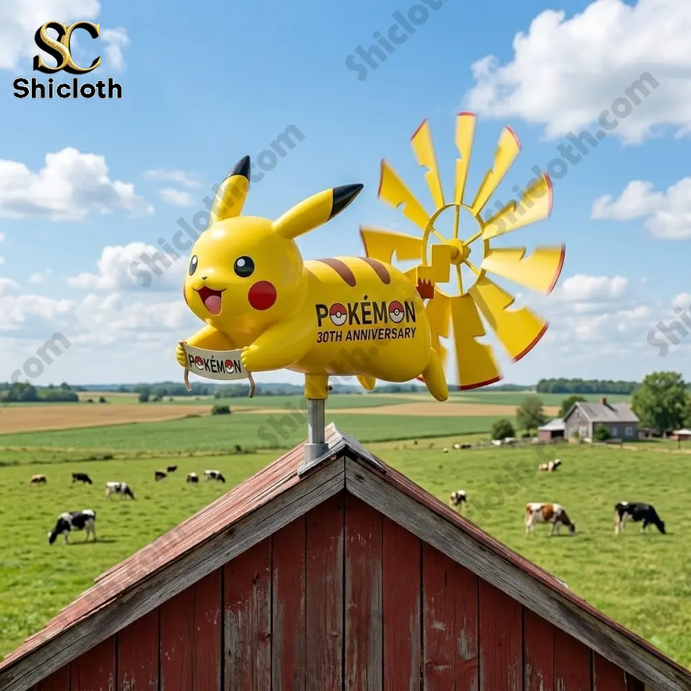 pikachu wind spinner on rooftop in countryside field