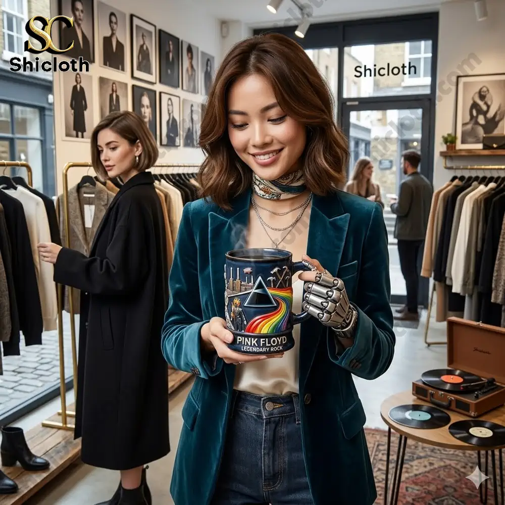 Woman holding Pink Floyd mug in Shicloth fashion store!
