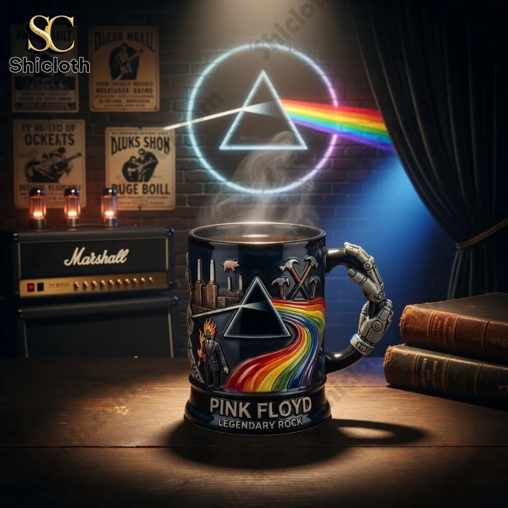 Pink Floyd mug with glowing prism light in music room Shicloth!