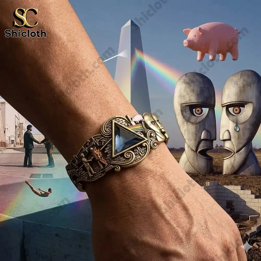 Pink Floyd themed cuff bracelet with mask faces and prism design