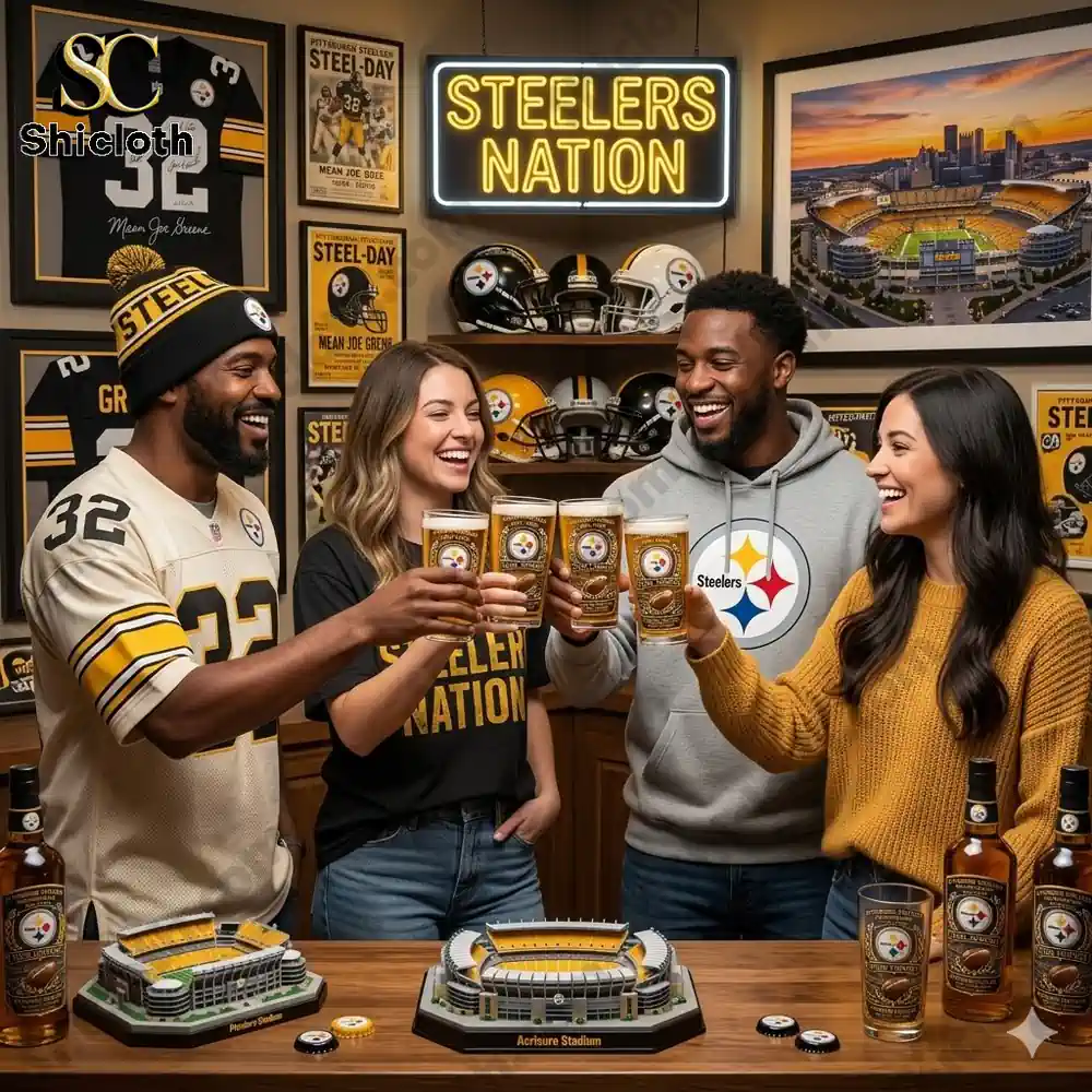 Group of Pittsburgh Steelers fans toasting with beer glasses in a decorated fan room