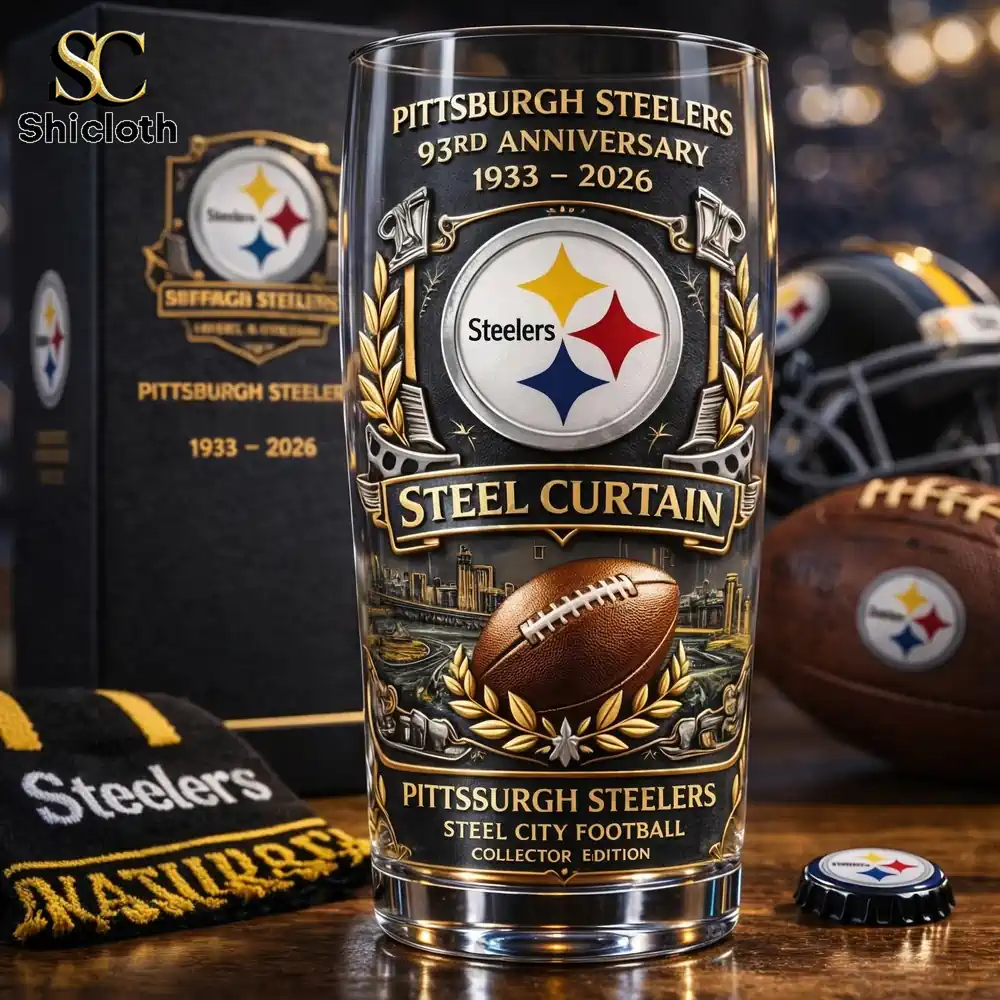 Close up of Pittsburgh Steelers anniversary collector beer glass with detailed design