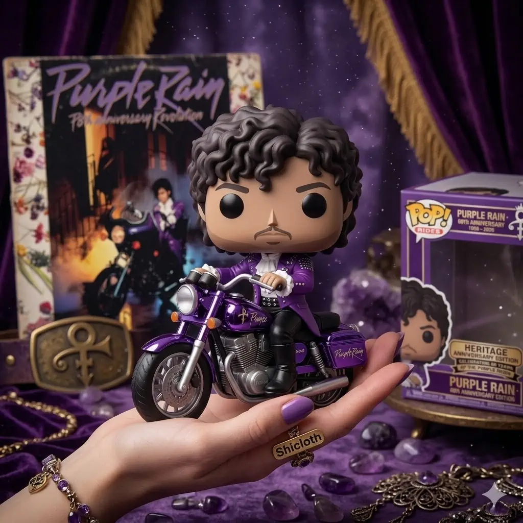 Purple motorcycle figure displayed on hand with themed background