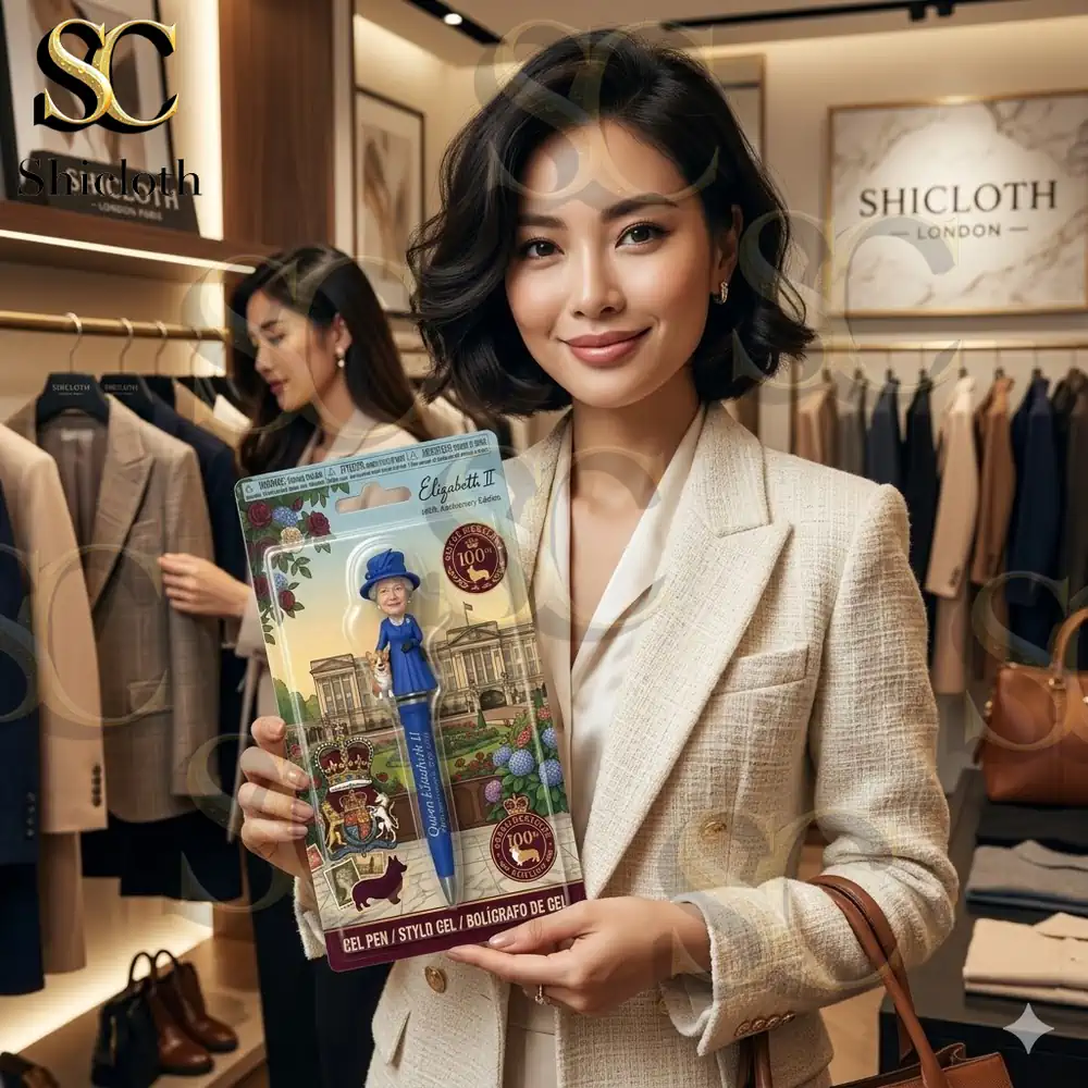 Woman holding royal heritage gel pen packaging in fashion store