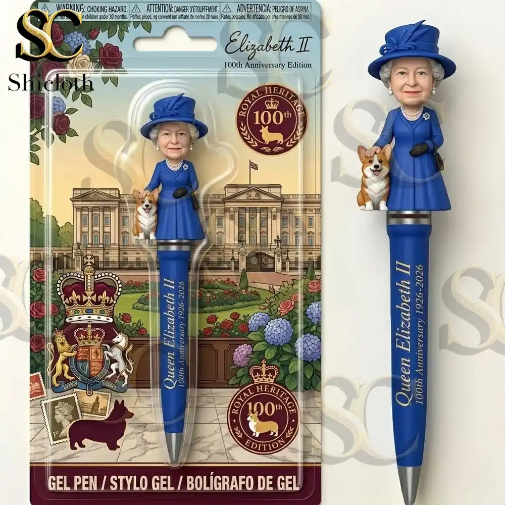 Close up royal heritage Queen Elizabeth II anniversary gel pen packaging