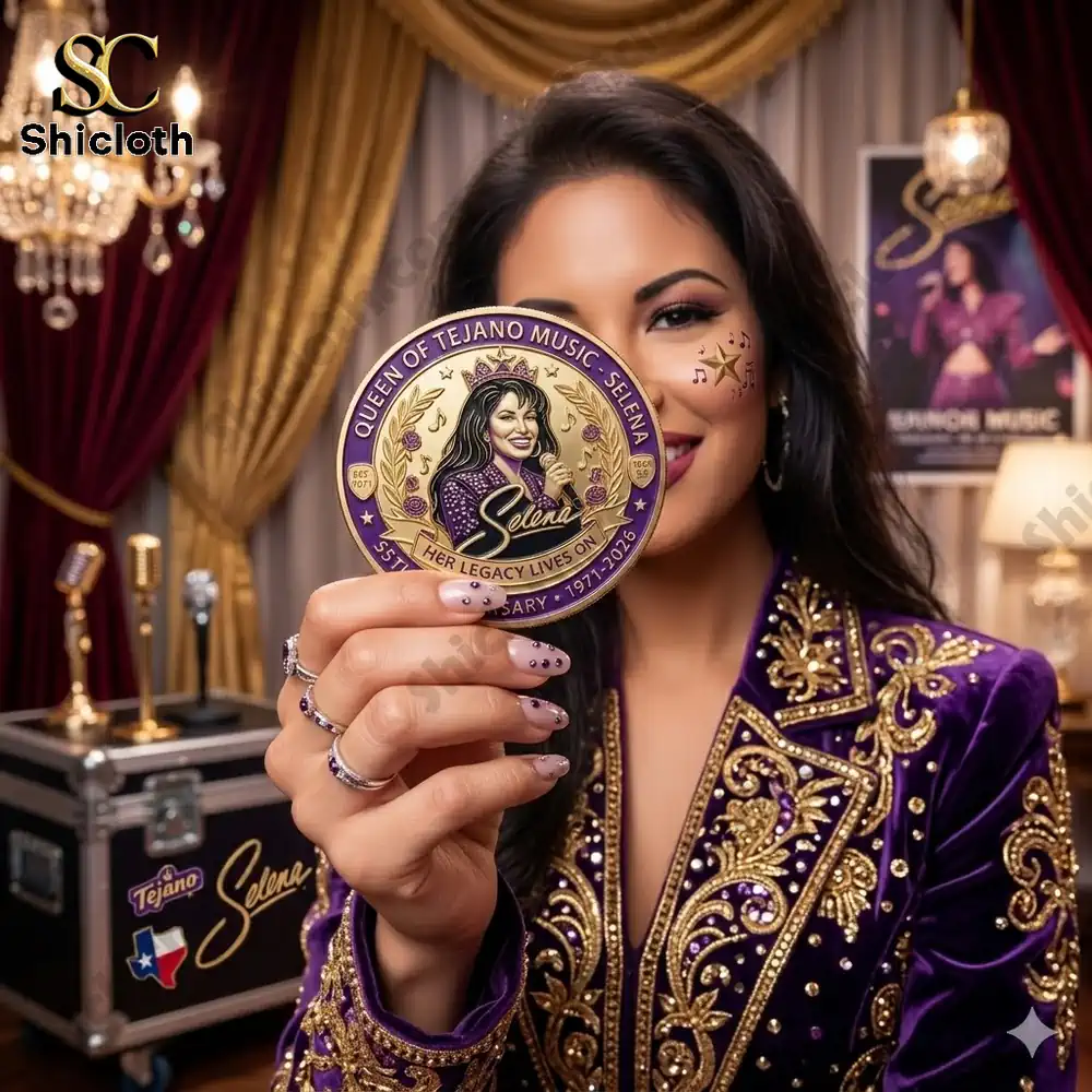 Woman holding Selena commemorative coin in elegant room!