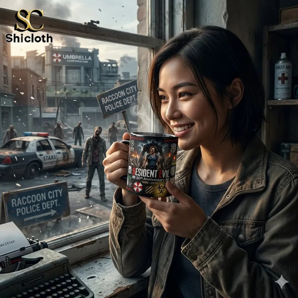 Woman smiling and holding a Resident Evil themed mug near a window with zombies outside