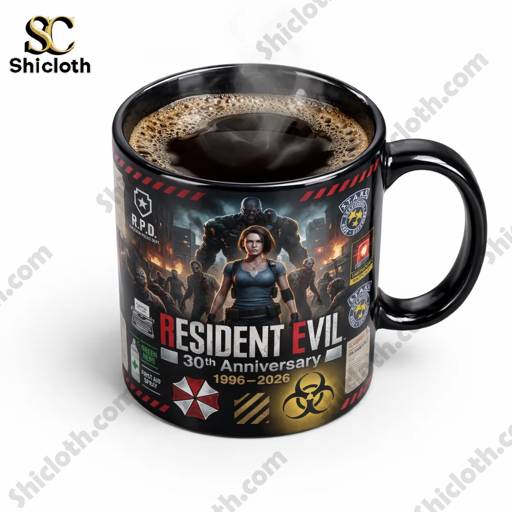 Close up of a Resident Evil anniversary mug filled with hot coffee