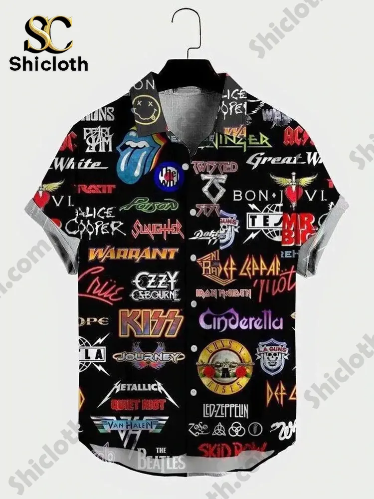 Front view of a black short sleeve shirt featuring multiple colorful rock band logos on a hanger.