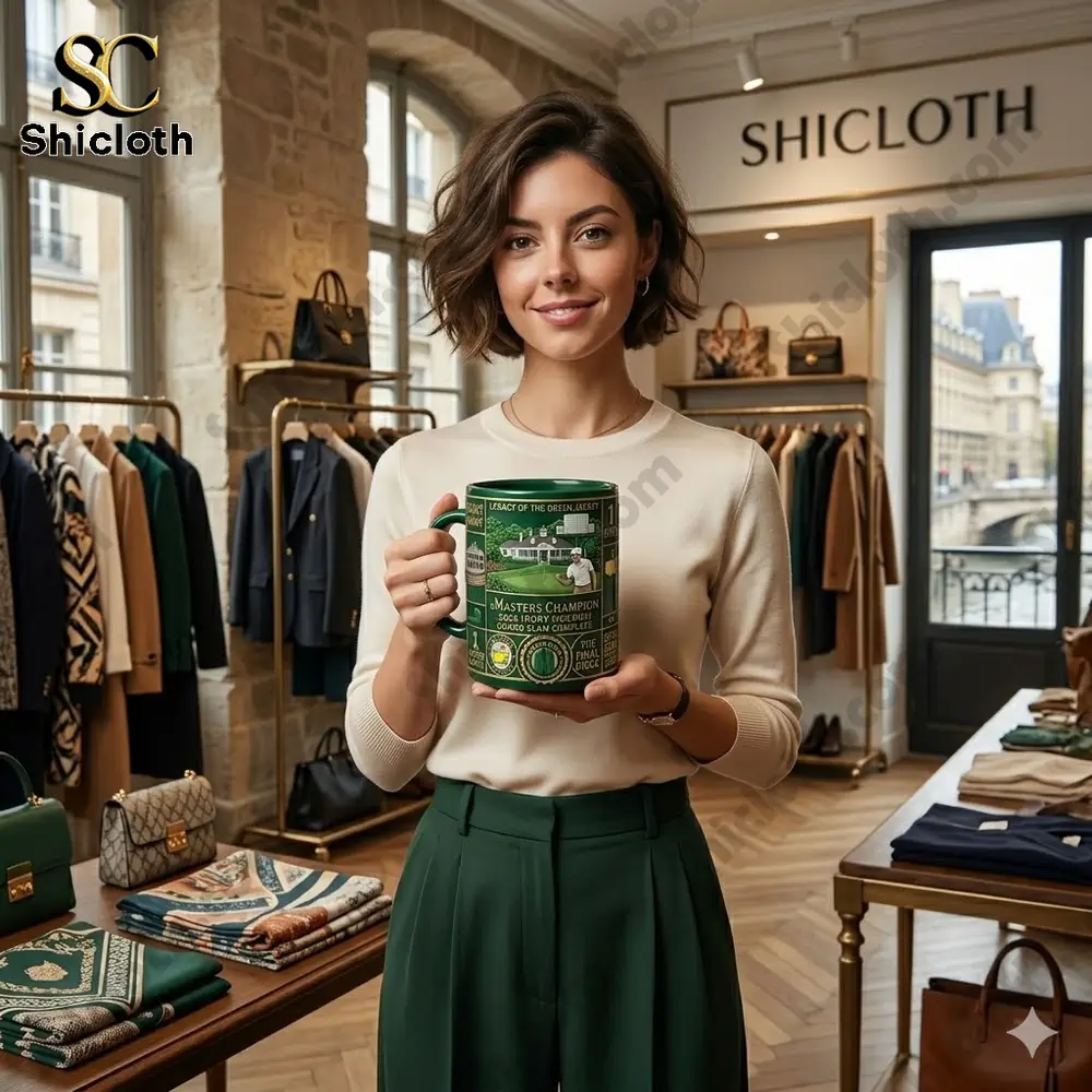 Woman holding green Masters Champion mug inside Shicloth store!