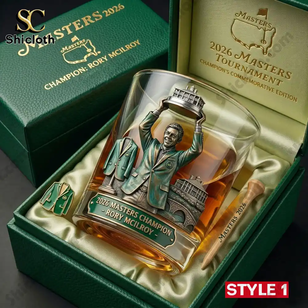 Close up green box whisky glass with champion holding trophy design Masters theme!
